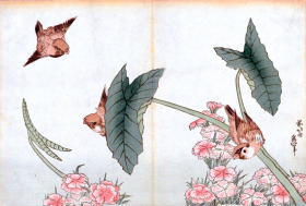 Pinks and Leaves with Sparrows by Katsushika Hokusai