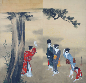 A Shinto Priest, Three Women and a Child by Katsushika Hokusai