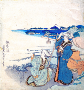 Two Young Ladies at Shore; One Pointing by Katsushika Hokusai