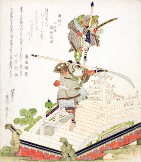 Festival float of Tsutsui Jomyo fighting Ichirai Hoshi on the Uji Bridge by Katsushika Hokusai