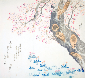 Dandelions and clovers beneath cherry tree by Katsushika Hokusai