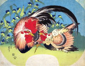 Rooster, Hen and Chicken with Spiderwort by Katsushika Hokusai Rooster, Hen and Chicken with Spiderwort by Katsushika Hokusai