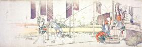 Hanging up dyed cloth by Katsushika Hokusai