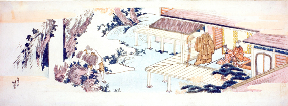 Servant throwing bundles of branches into waterfall by Katsushika Hokusai