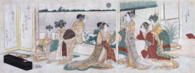 Tsukasa and Courtesans watching the Moon Rise in the Yoshiwara by Katsushika Hokusai