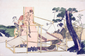 Women weaving on a loom by Katsushika Hokusai