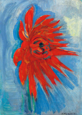 Red chryanthemum on blue background by Piet Mondrian