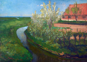 Curved Irrigation Ditch Bordering Farmyard with Flowering Trees by Piet Mondrian