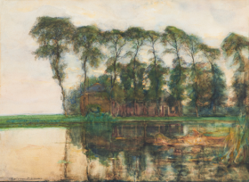 Farmstead along the water screened by nine tall trees 1905 by Piet Mondrian