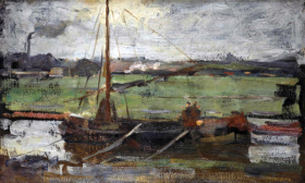 Polder with moored boat near Amsterdam I by Piet Mondrian Polder with moored boat near Amsterdam I by Piet Mondrian