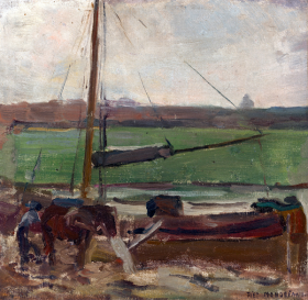 Polder met gemeerde vrachtschuit buiten Amsterdam II by Piet Mondrian