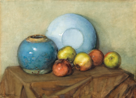 Appels, ronde pot en plaat op een tafel by Piet Mondrian Appels, ronde pot en plaat op een tafel by Piet Mondrian