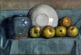 Apples, Ginger Pot and Plate on a Ledge 1901 by Piet Mondrian Apples, Ginger Pot and Plate on a Ledge 1901 by Piet Mondrian